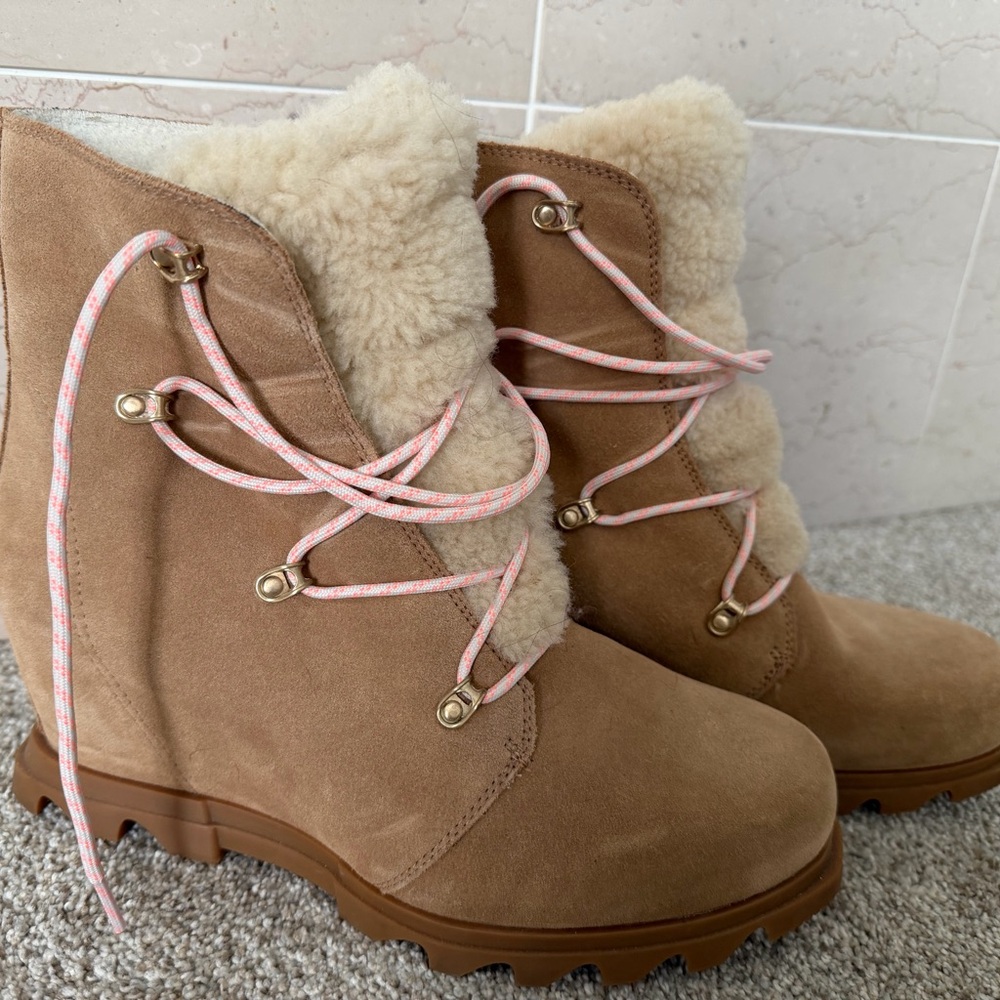 Sorel Tan Suede and Cream Shearling Lace-Up Boots